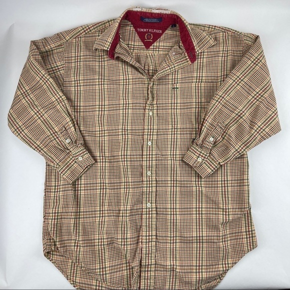 Tommy Hilfiger Button Down Shirt Girls Large Tan Red Plaid - Picture 1 of 10